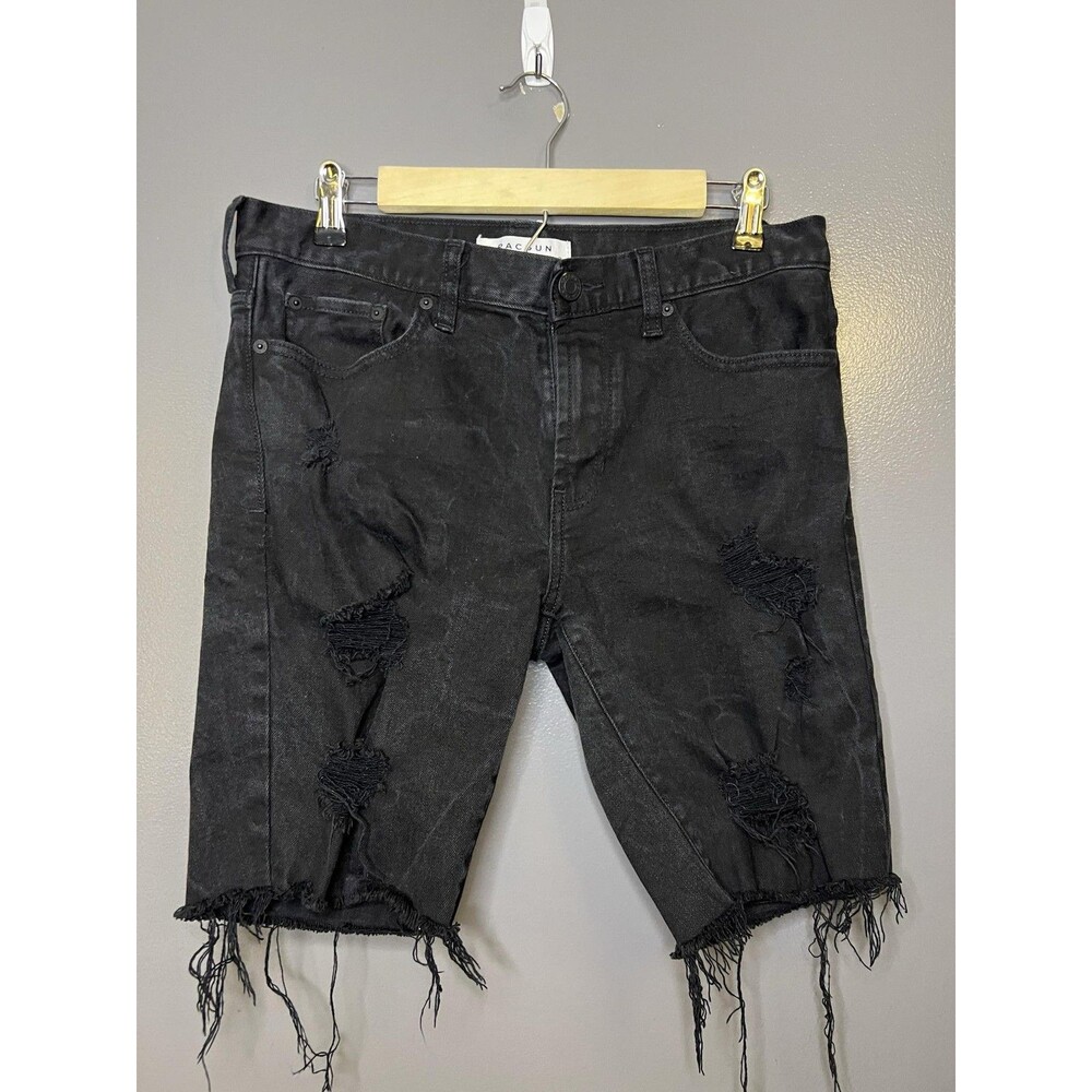 PacSun Shorts Mens 30 Black Distressed Denim Bermuda Skinny Raw Hem Fringe